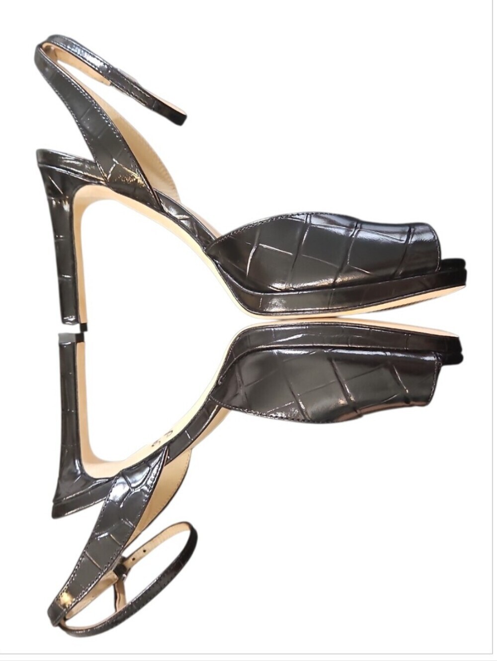 Lauren Ralph Lauren Kyla Croc Embossed Leather Peep Toe Sandal Heels 8 - Picture 11 of 16